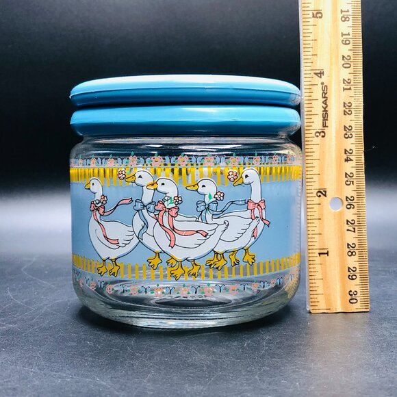 80s Country Mother Goose Ribbon Bow Glass Jar Blue Plastic Lid Vintage Canister - Picture 11 of 12